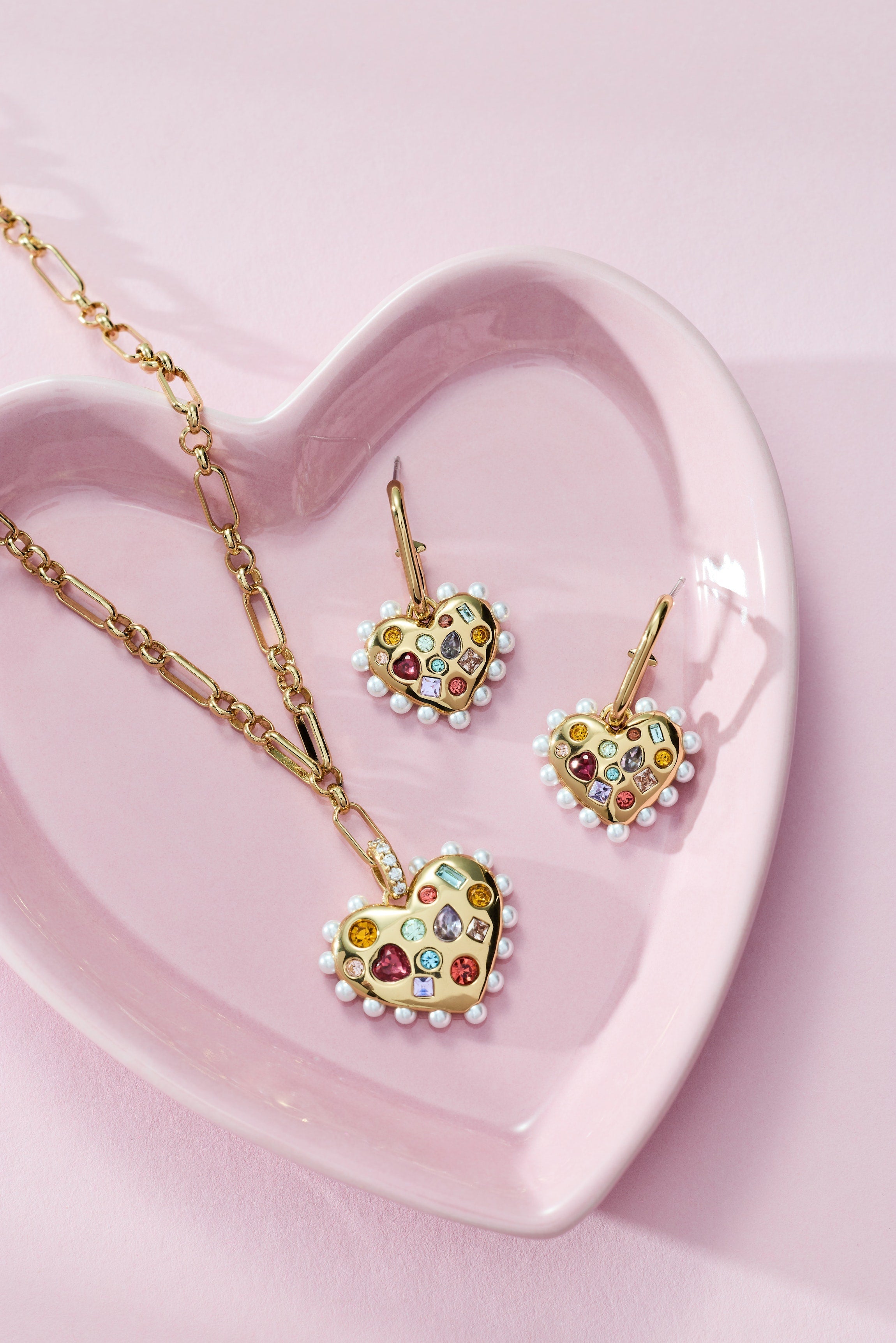 Puffy Heart Gemstone And Pearl Pendant Necklace